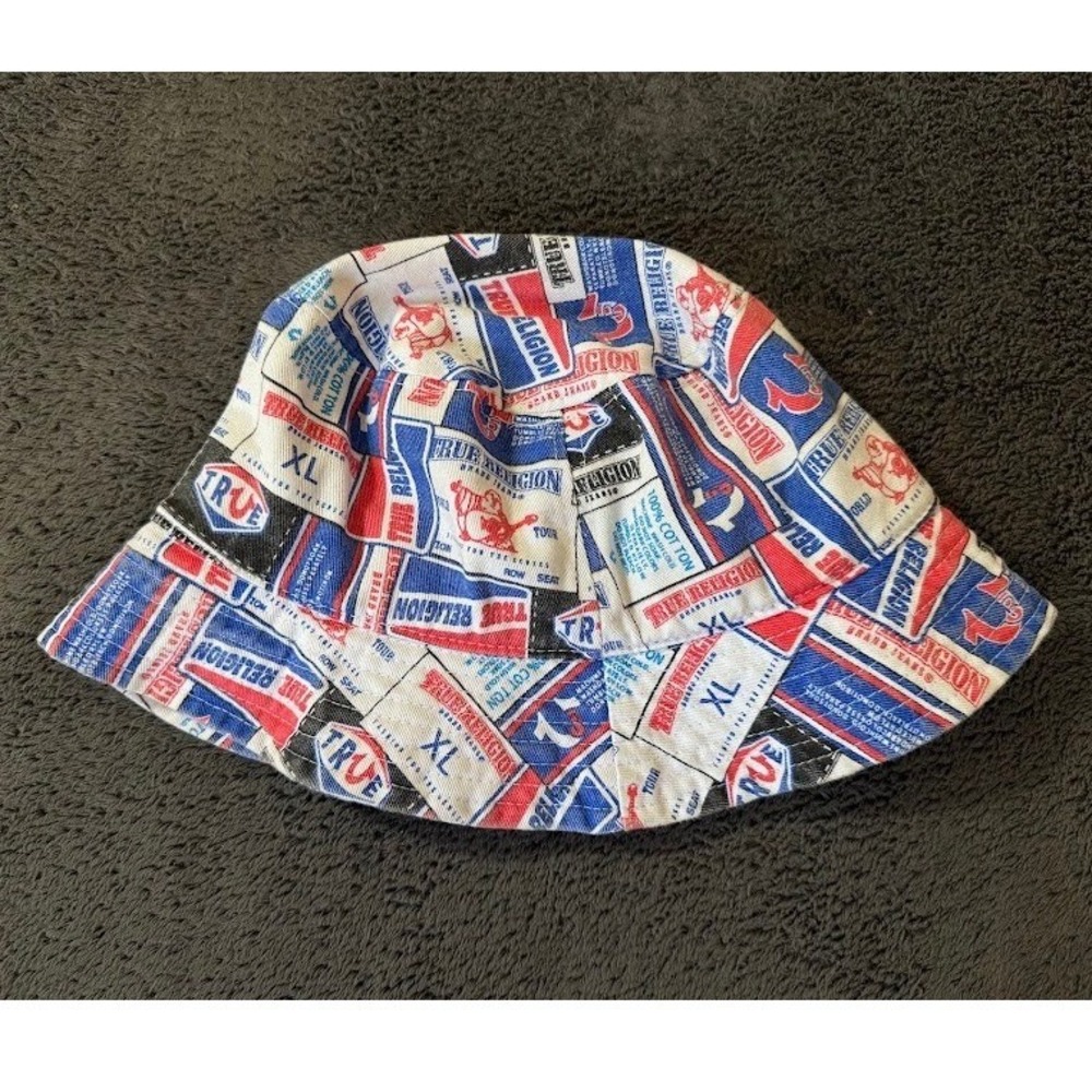 True Religion All Over Print Bucket Hat Red White Blue Logo Graphic OSFM y2K